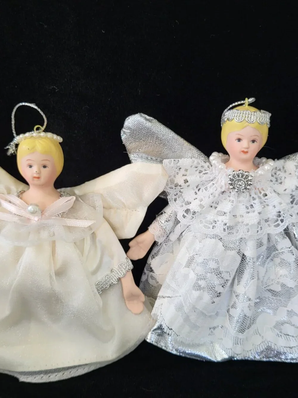 Vintage Porcelain Angel Christmas Ornaments Lot of 4 White Gold Silver Ivory